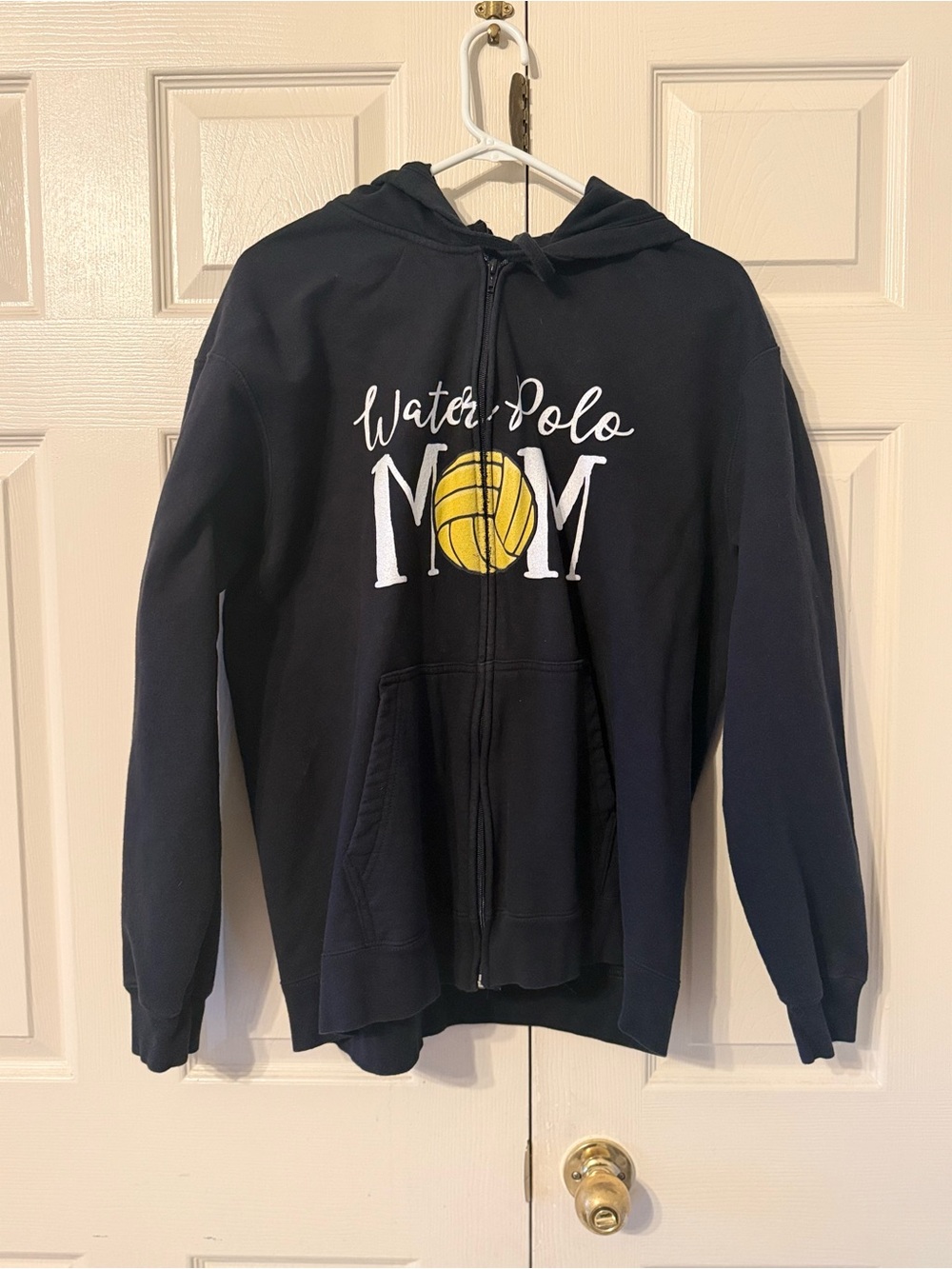 Water Polo MOM Navy Zip-Up Hoodie with Yellow Ball Graphic